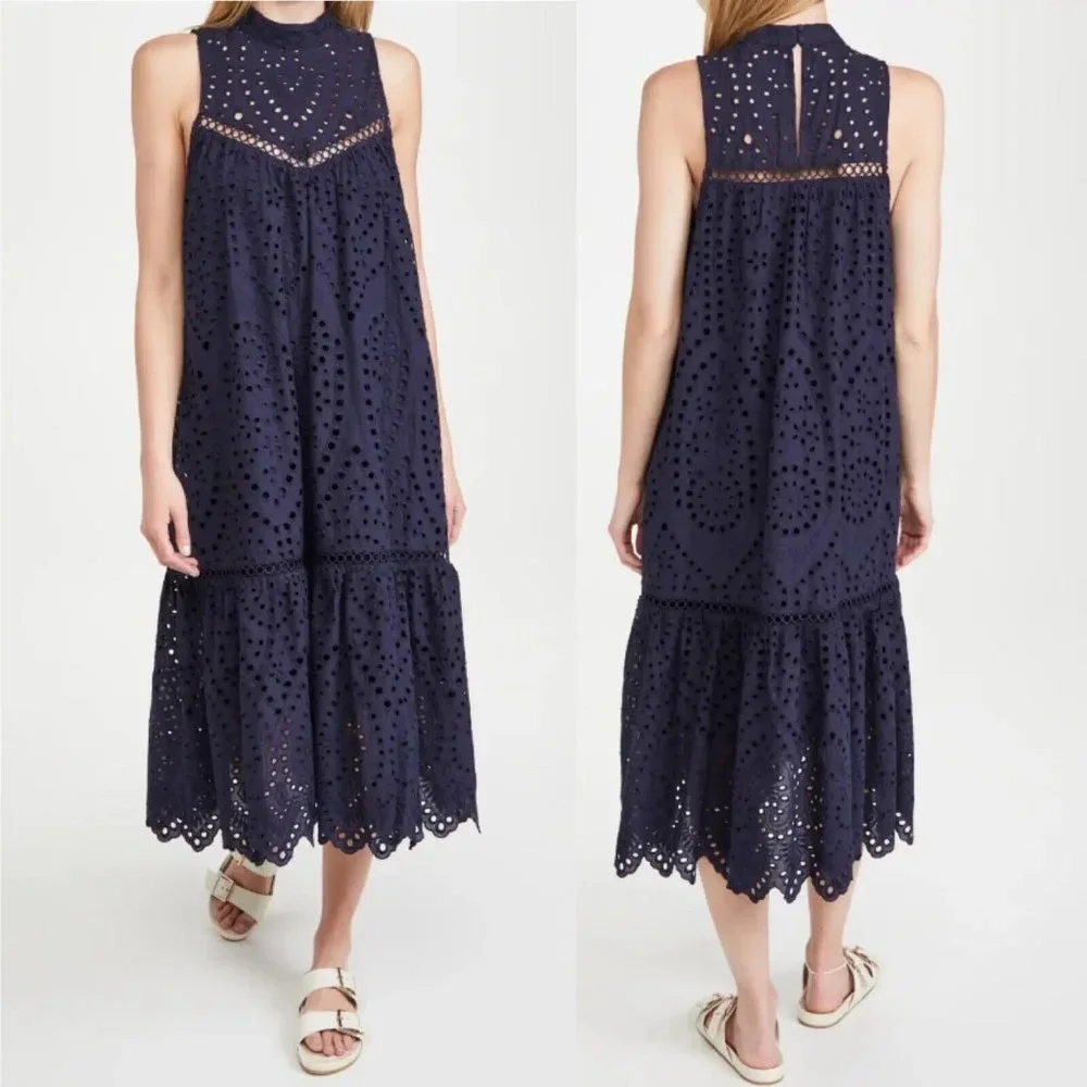 New Sussan Women’s Midi Dress Navy Blue Broderie Scallop Hem Cotton Size L 14 - Picture 1 of 10